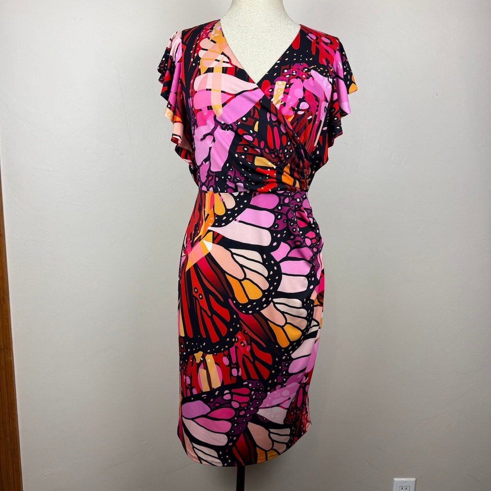 Joseph Ribkoff Butterfly Print Dress Women 8 Pink Orange Wrap Faux Sheath Office